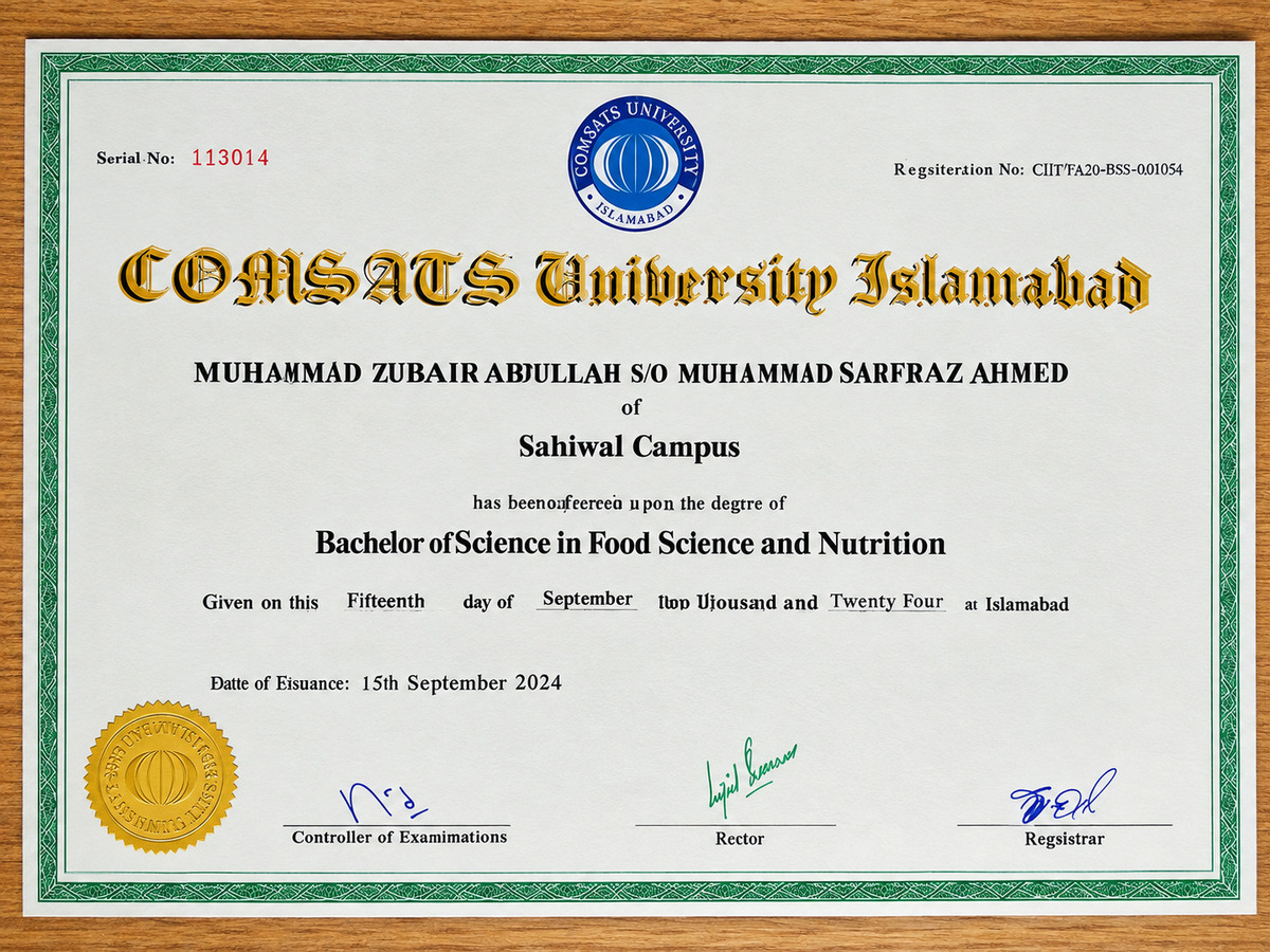 Bachelor of Science in Food Science and Nutrition degree from COMSATS University Islamabad, Sahiwal Campus, awarded to Muhammad Zubair